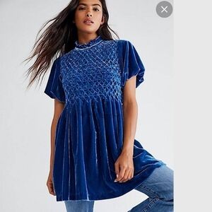 Free People Gumdrop Blue Velvet Ruffled Victorian Style Back Tunic Mini Dress L